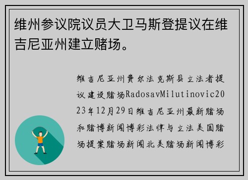 维州参议院议员大卫马斯登提议在维吉尼亚州建立赌场。